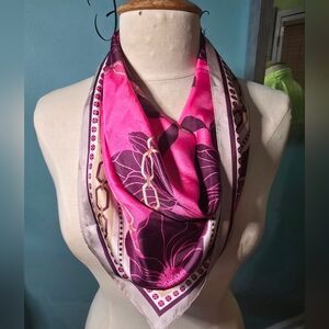 Ann Taylor Vibrant Pink Floral Silk Scarf with Cream and Purple Accents